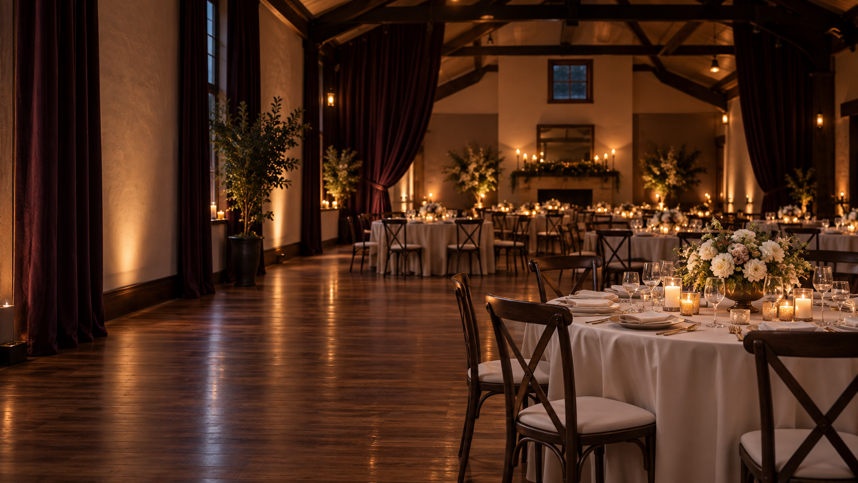 A warmly lit event venue prepared for a celebration